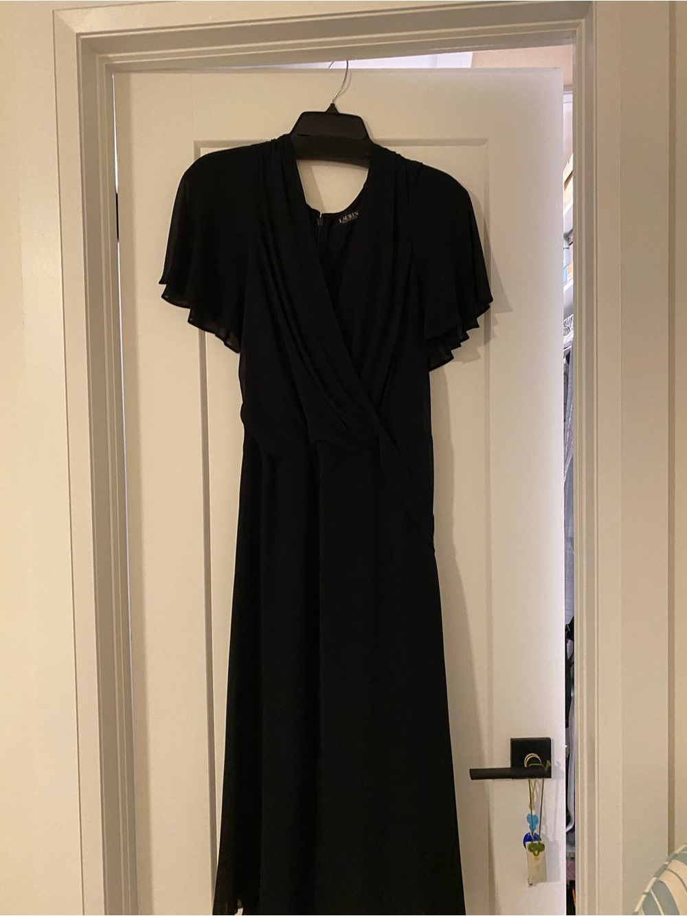 Lauren Ralph Lauren Black Flutter-Sleeve Maxi Wrap Dress with Surplice Neck